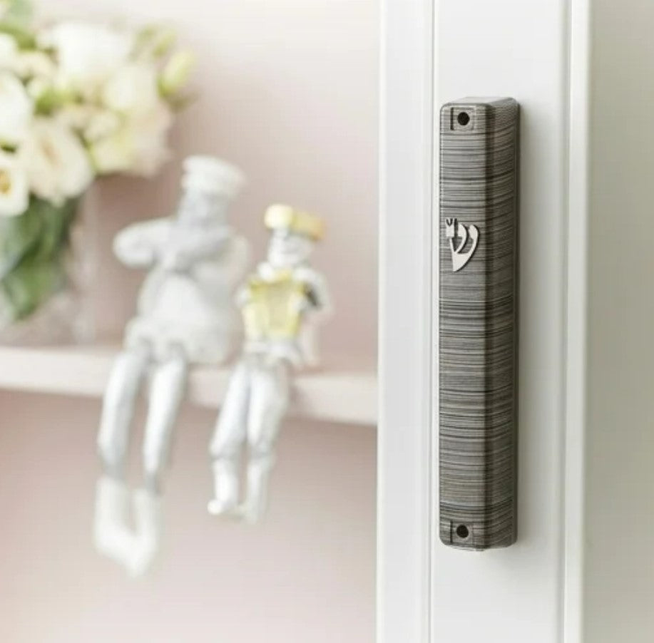 Metallic Gray and Black Striped Plastic Mezuzah