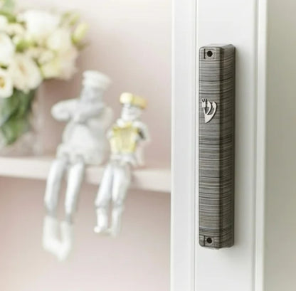 Metallic Gray and Black Striped Plastic Mezuzah