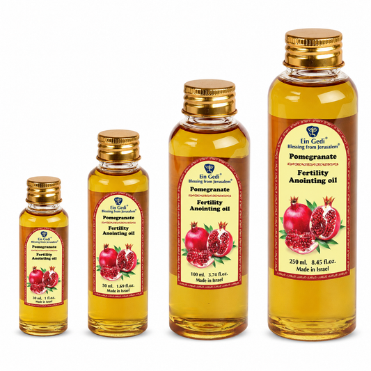 Ein Gedi Pomegranate Fertility anointing oil PET bottles in 4 sizes on white background