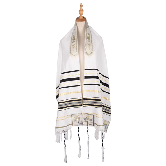 White prayer shawl with black and gold stripes on a wooden mannequin against a white background