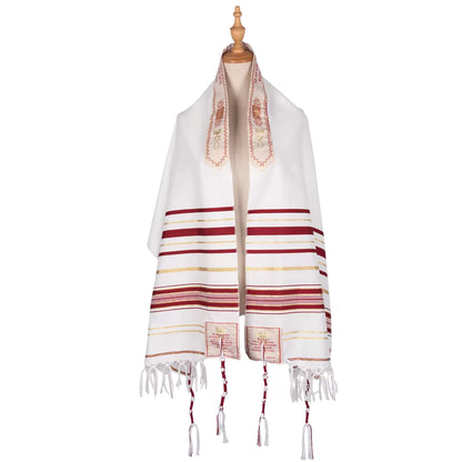White prayer shawl with red and gold stripes on a wooden stand 