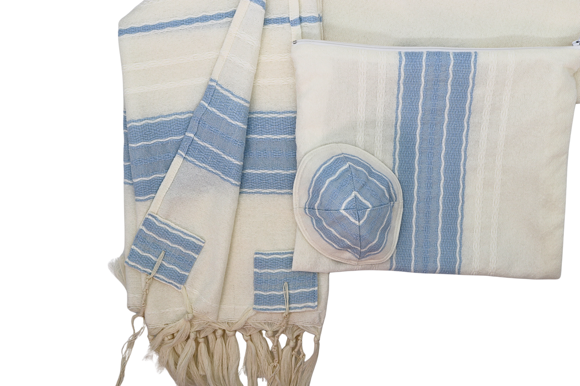 White and light blue wool tallit with matching bag and kippah