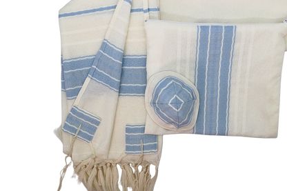 White and light blue wool tallit with matching bag and kippah