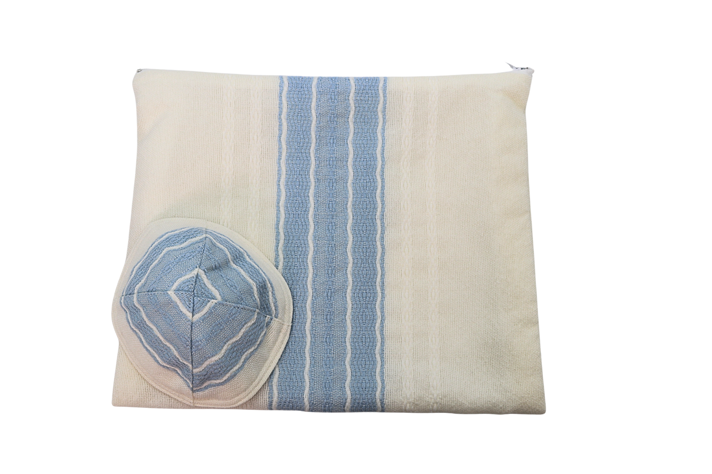 Hand Woven Wool Prayer Shawl Set - White with Lt Blue - 40" By Gabrieli