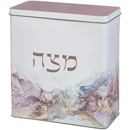 Purple marble tin matzah box for Passover with Hebrew lettering