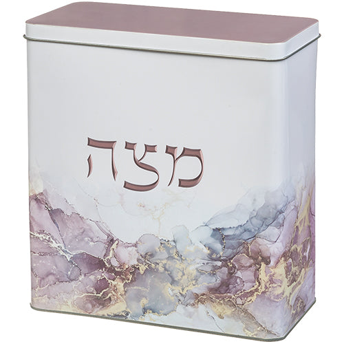 Purple marble tin matzah box for Passover with Hebrew lettering