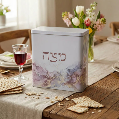 Purple marble matzah box displayed on Passover table with matzah
