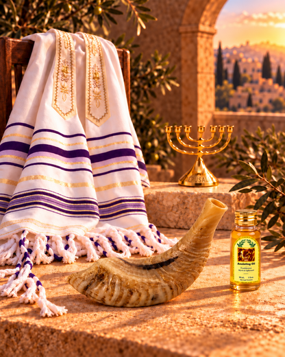 Shofar Gift Set with Prayer Shawl, Anointing Oil & Menorah