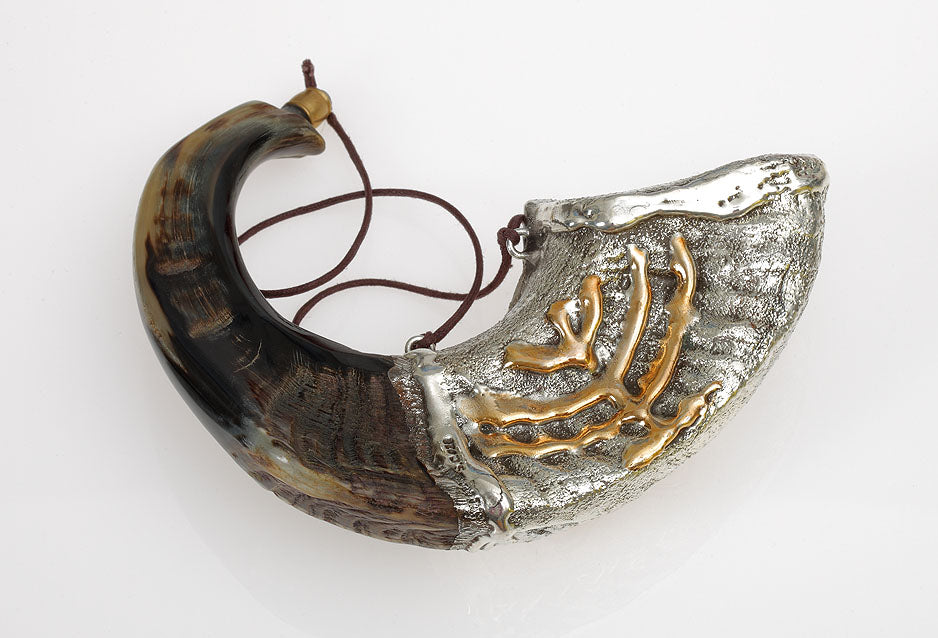 Anointing Oil Ram Shofar 11" - 13" - Silver Plated Menorah and Star of David Design