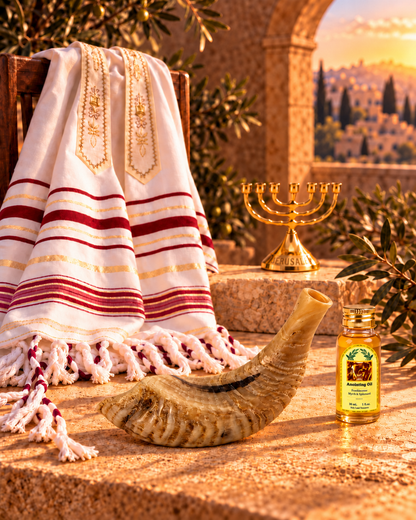 Shofar Gift Set with Prayer Shawl, Anointing Oil & Menorah