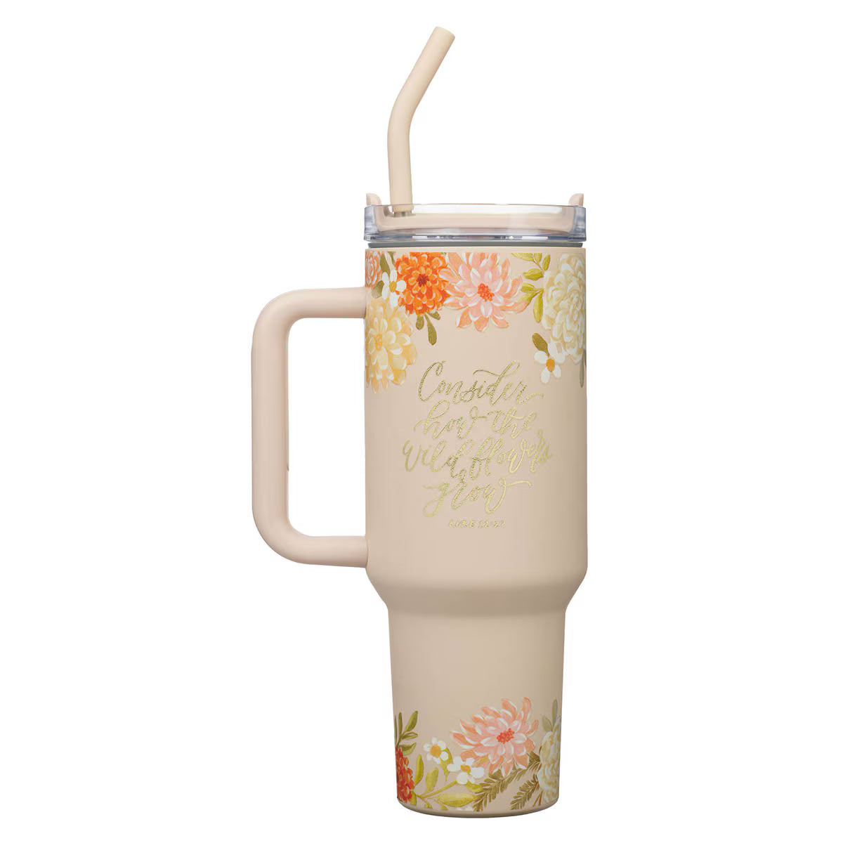 Consider the Wildflowers 40 oz Peach Stainless Steel Tumbler with Straw - Luke 12:27