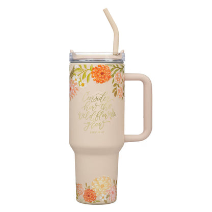 Consider the Wildflowers 40 oz Peach Stainless Steel Tumbler with Straw - Luke 12:27