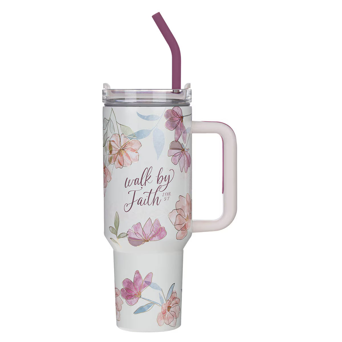 Walk by Faith Pink Cosmos 40 oz Stainless Steel Tumbler with Straw - 2 Corinthians 5:7
