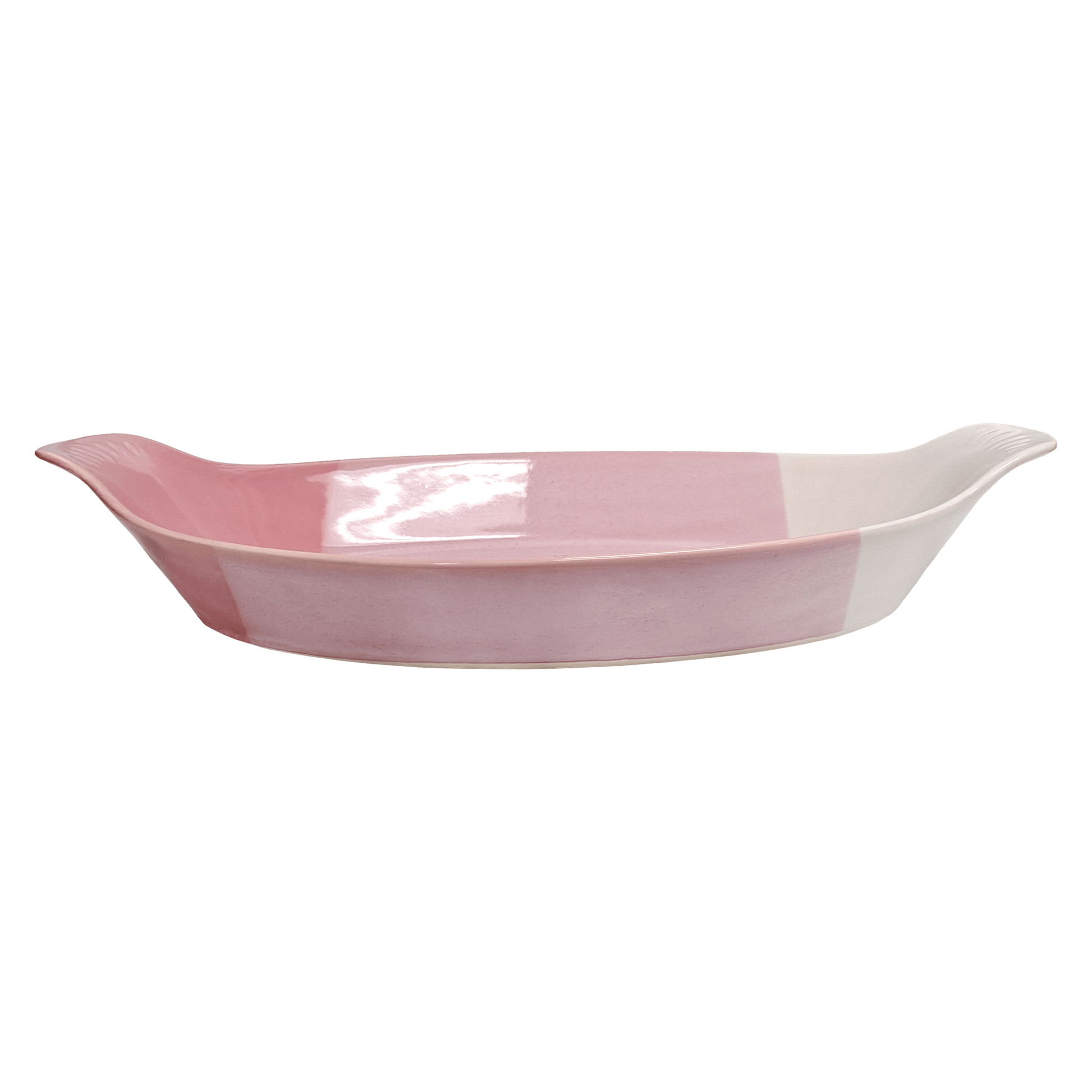 Pink and white oval dish made of Lapid stoneware 