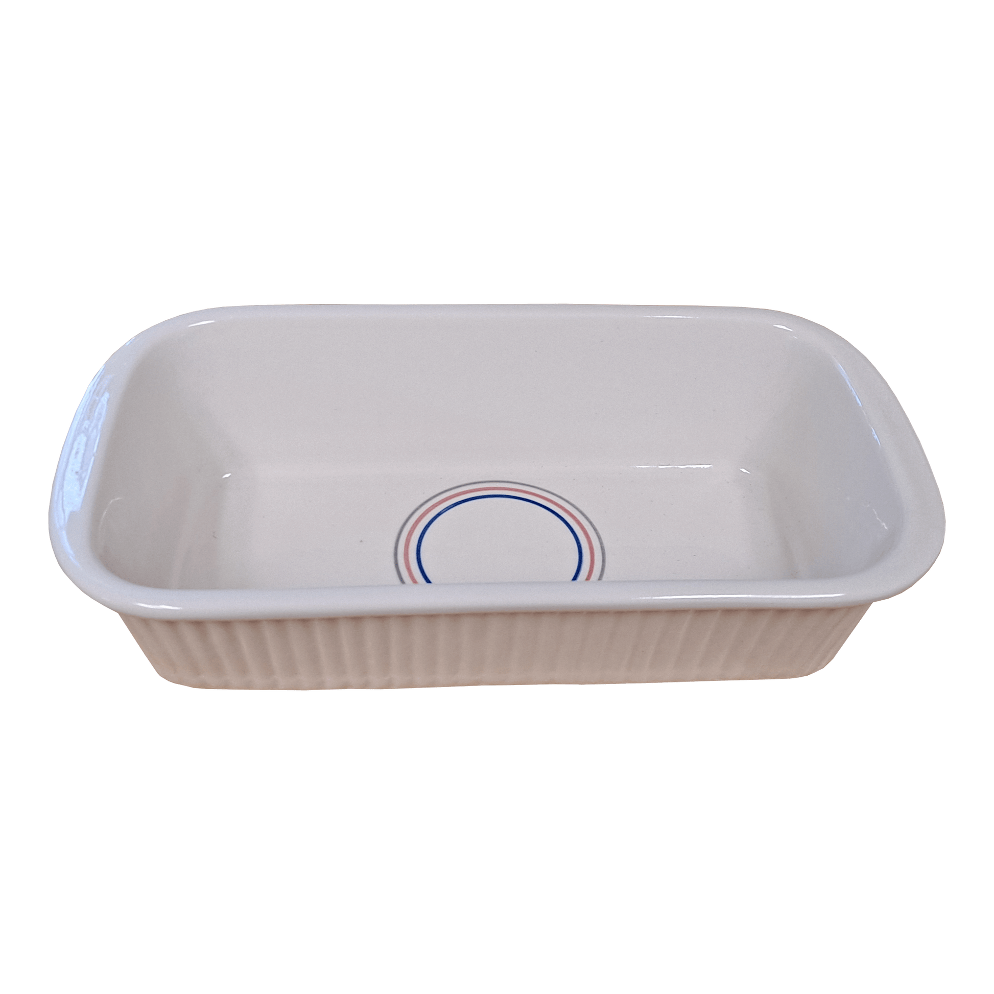 Soft-white rectangular dish made of Lapid stoneware with a multicolored circular design in the bottom of the dish 