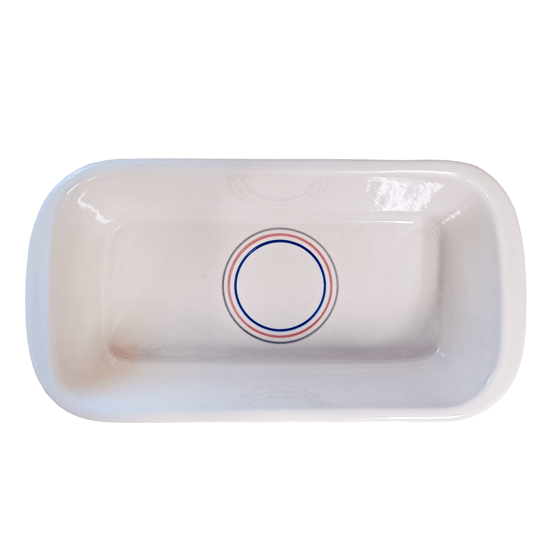 Soft-white rectangular dish made of Lapid stoneware with a multicolored circular design in the bottom of the dish 