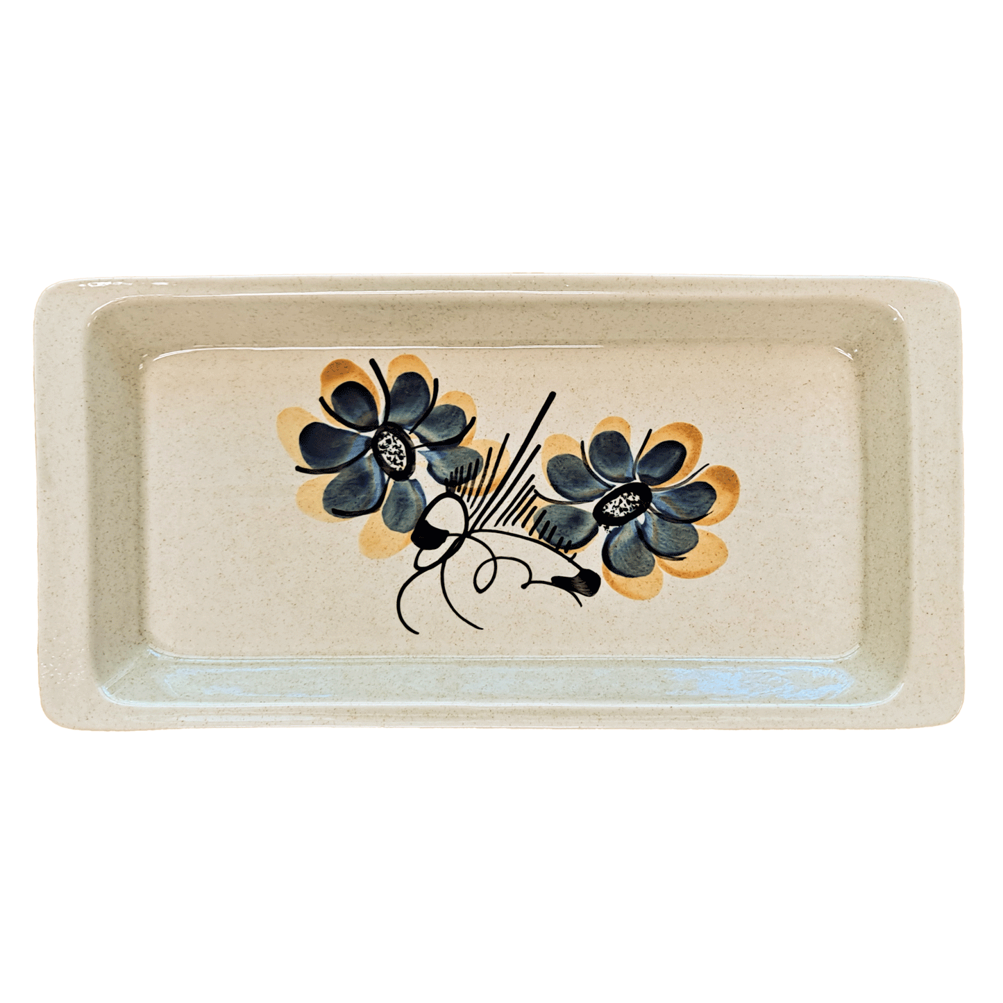 Rectangular speckled cream serving tray made of Lapid stoneware with a dark blue and yellow floral design in the bottom of the dish