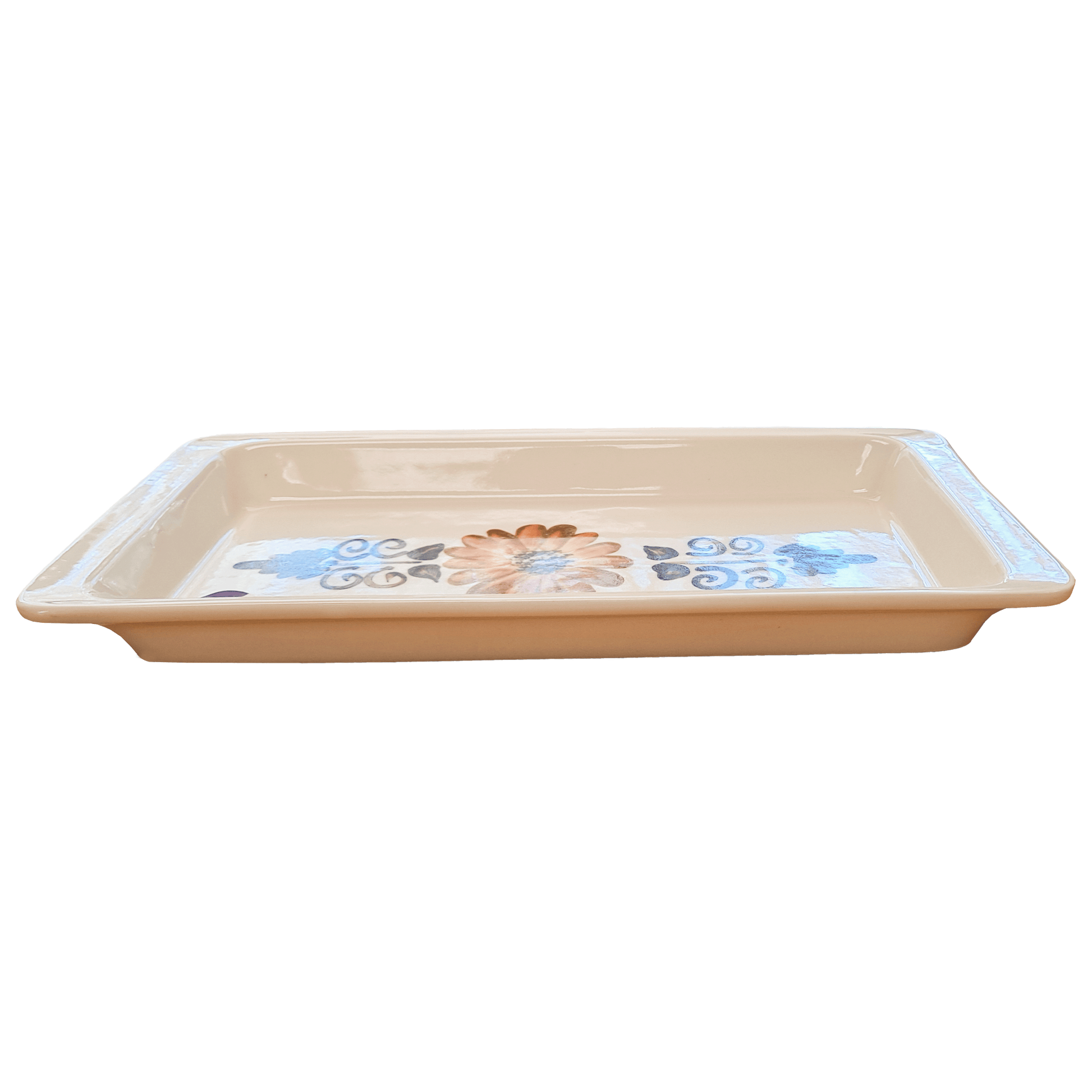 Soft-white rectangular serving tray made of Lapid stoneware with an orange and brown long petaled floral design in the bottom of the dish