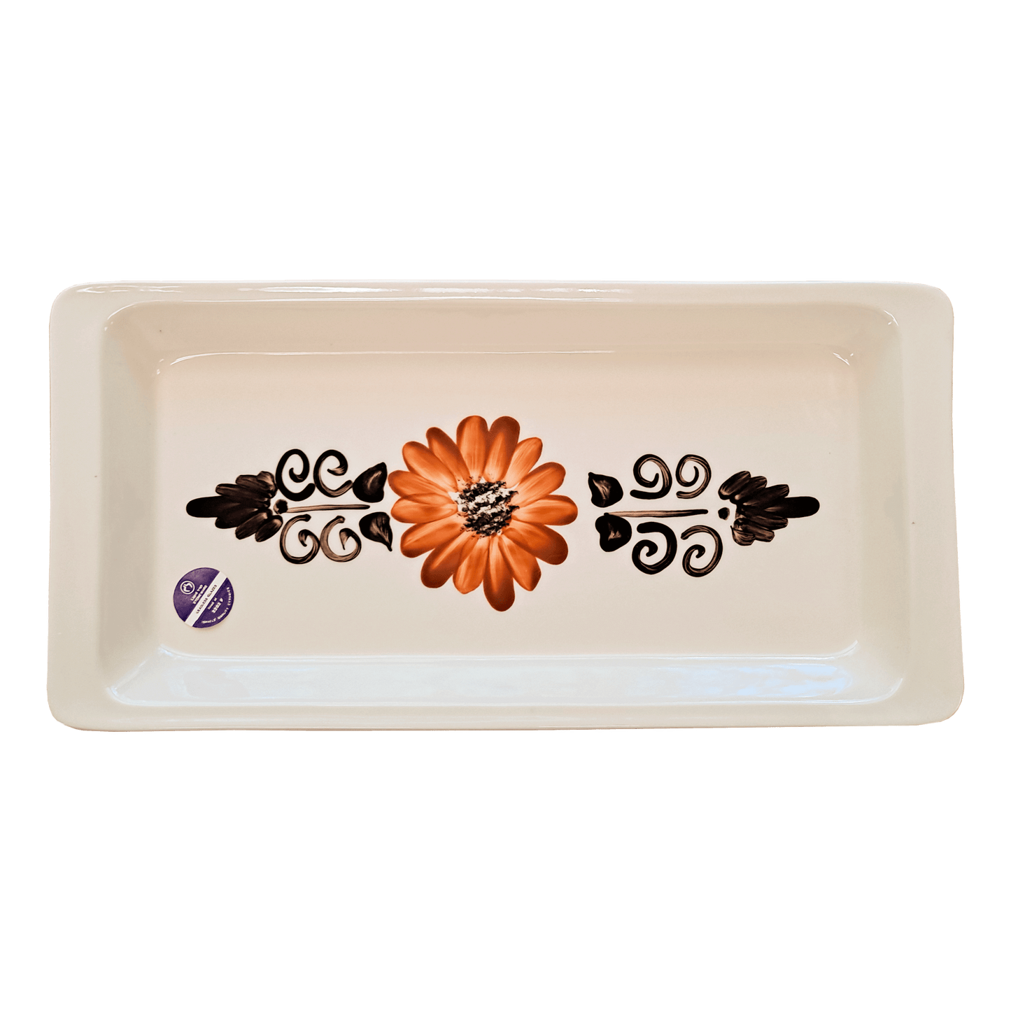 Soft-white rectangular serving tray made of Lapid stoneware with an orange and brown long petaled floral design in the bottom of the dish