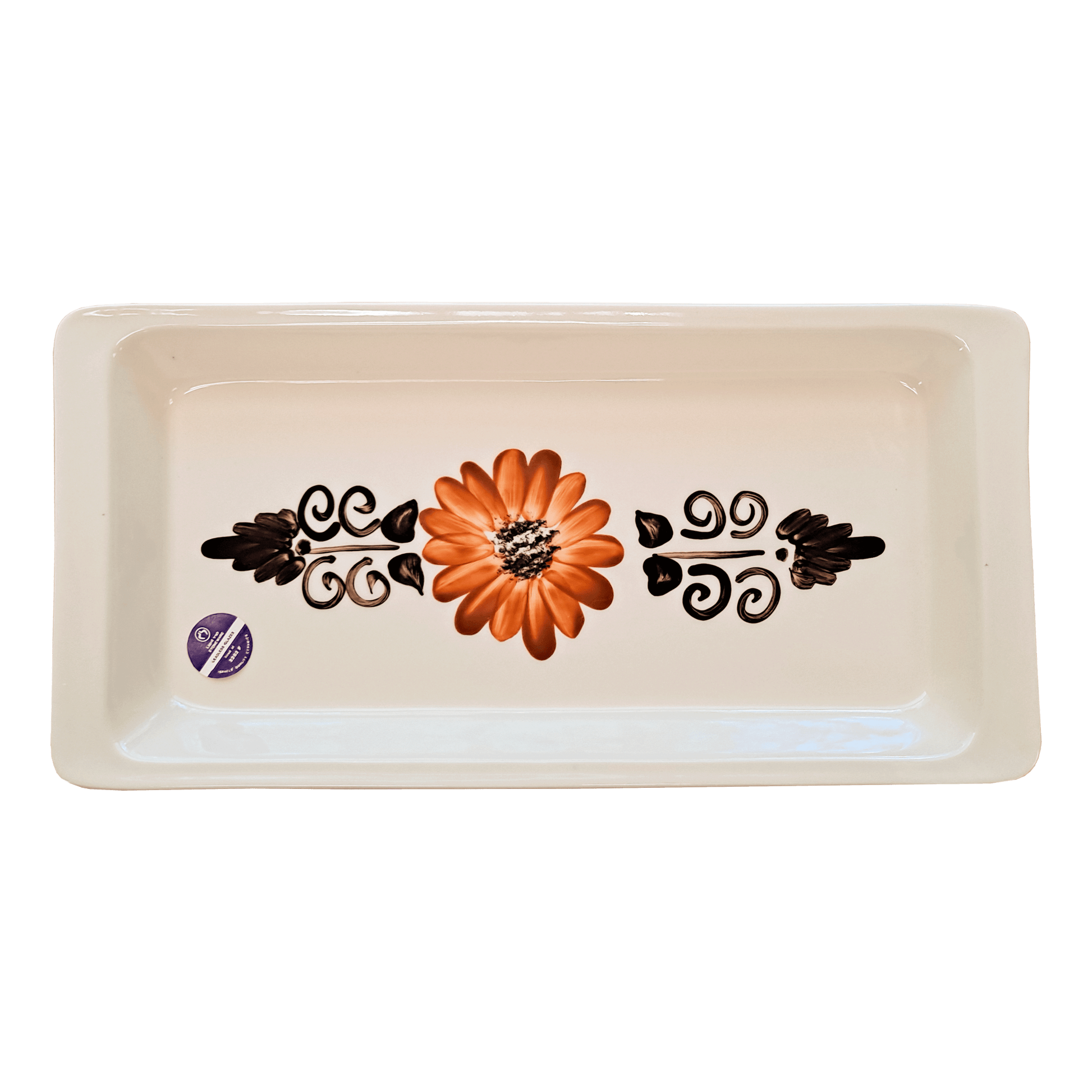 Soft-white rectangular serving tray made of Lapid stoneware with an orange and brown long petaled floral design in the bottom of the dish