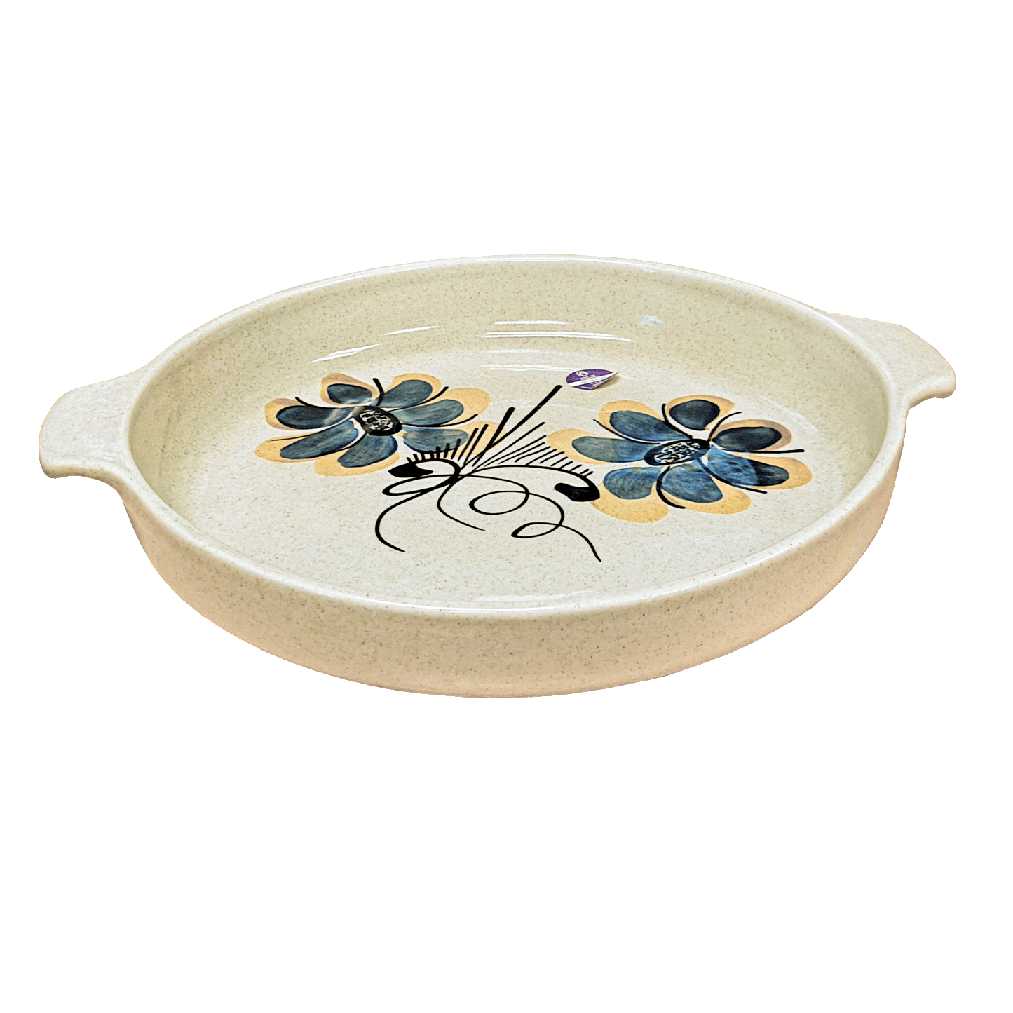 Speckled cream circular dish made of Lapid stoneware with a dark blue and yellow floral design in the bottom of the dish