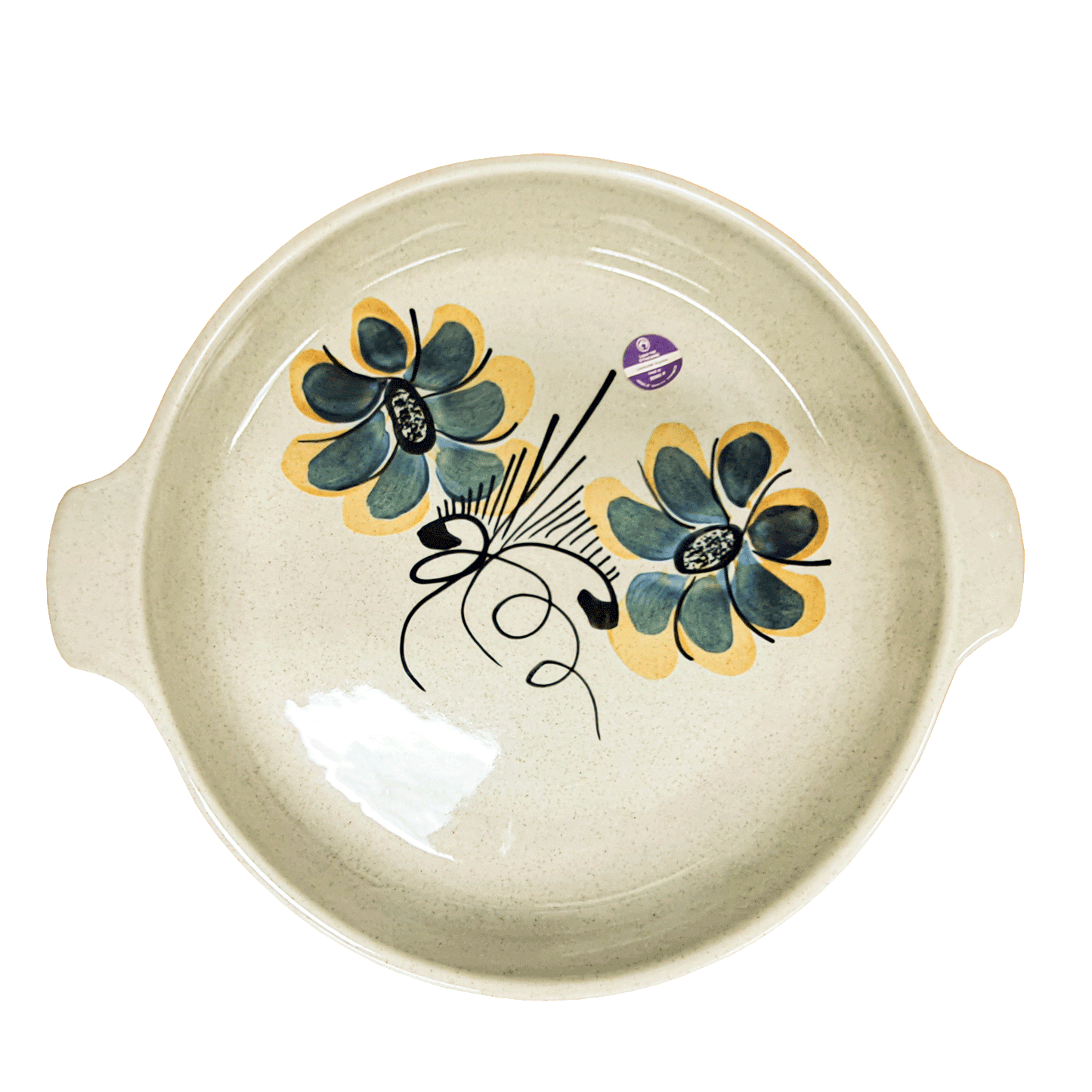 Speckled cream circular dish made of Lapid stoneware with a dark blue and yellow floral design in the bottom of the dish