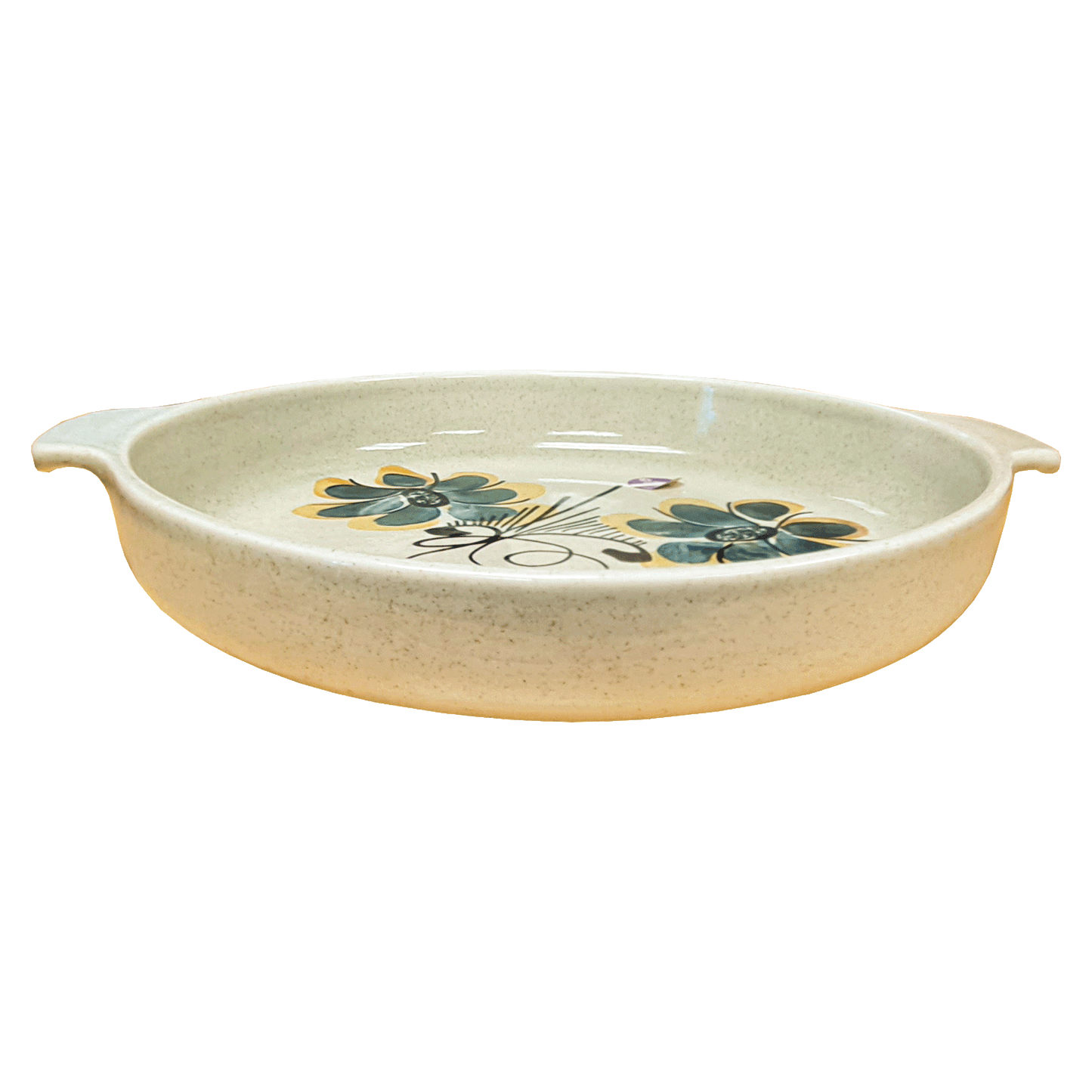 Speckled cream circular dish made of Lapid stoneware with a dark blue and yellow floral design in the bottom of the dish