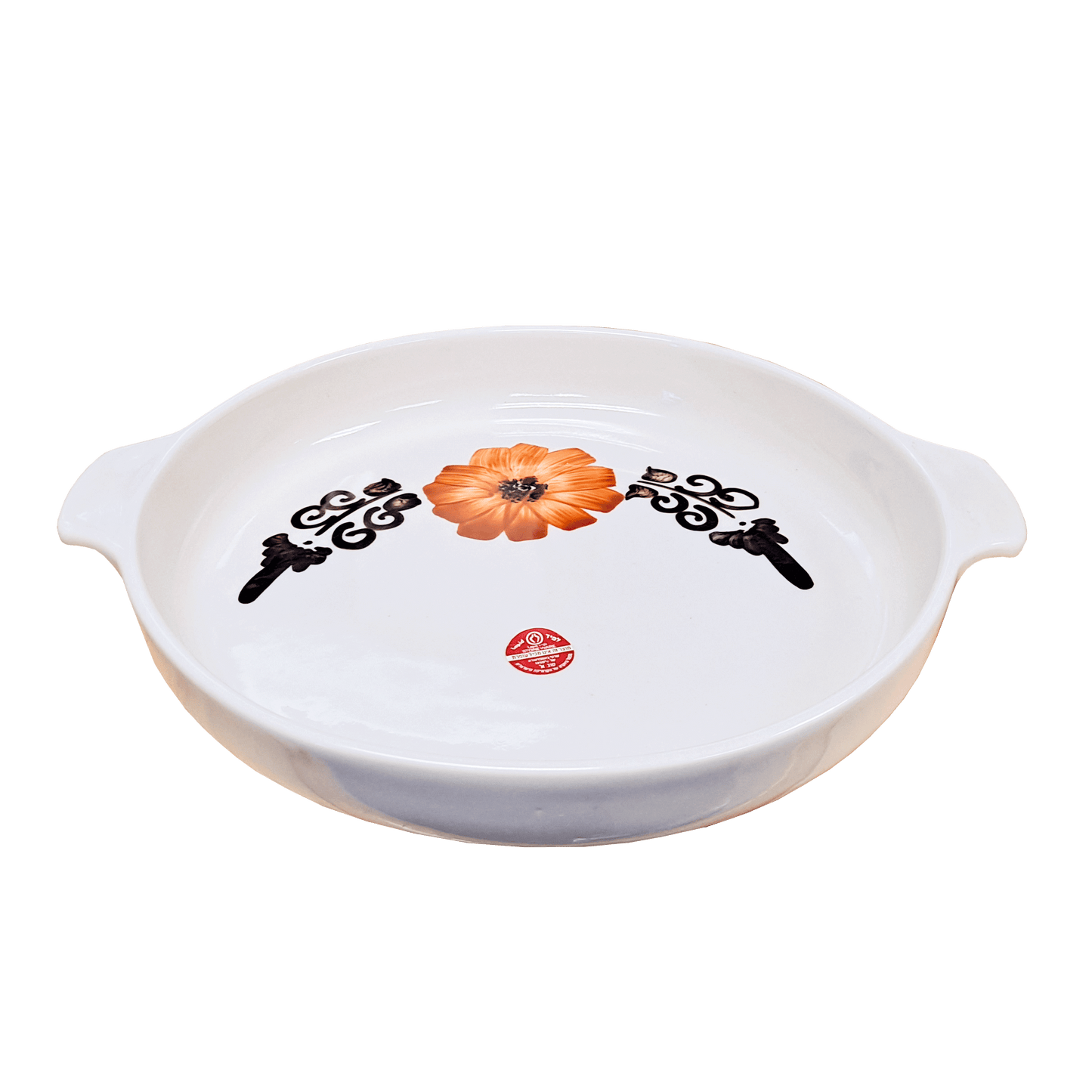 Soft-white circular dish made of Lapid stoneware with an orange and brown floral design in the bottom of the dish