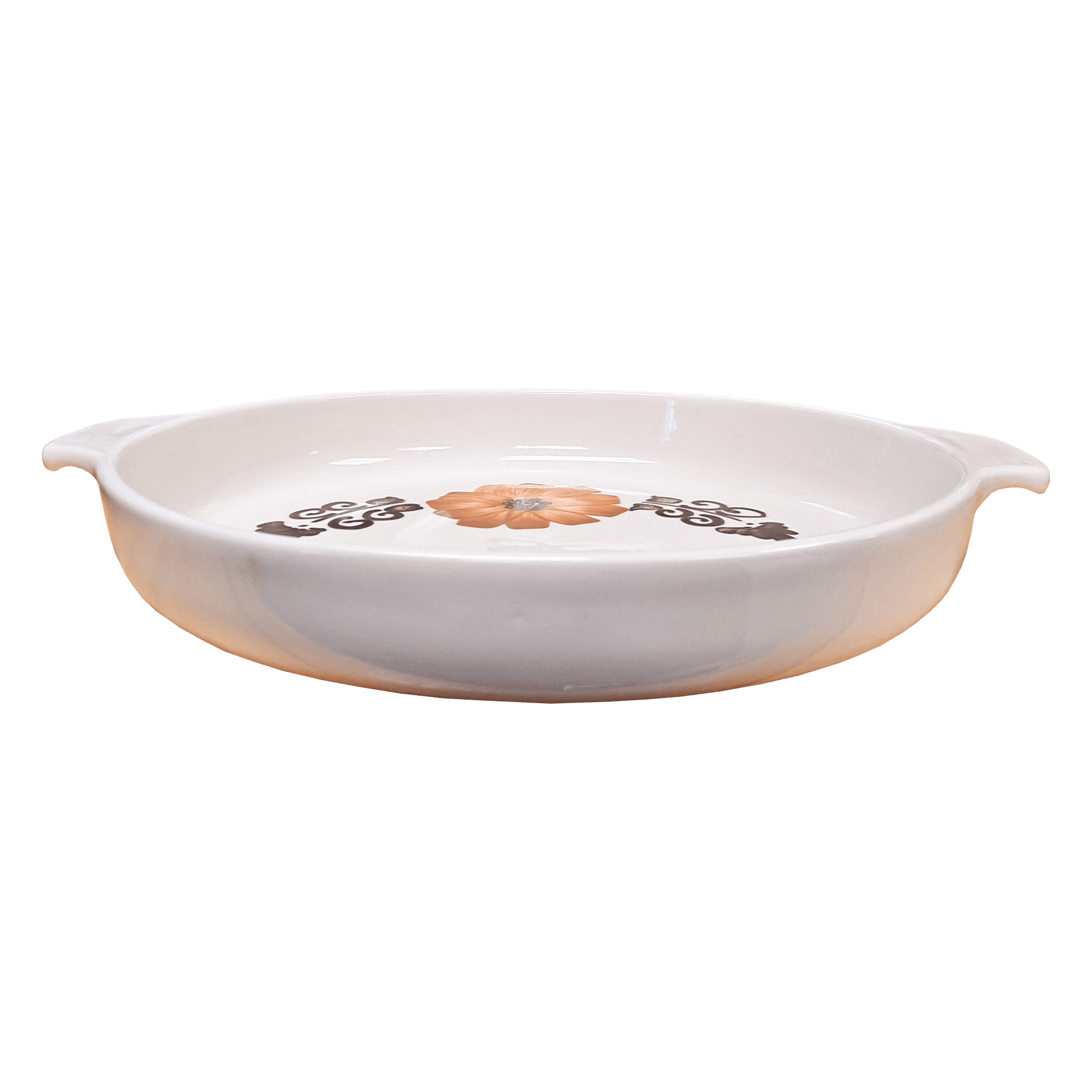 Soft-white circular dish made of Lapid stoneware with an orange and brown floral design in the bottom of the dish