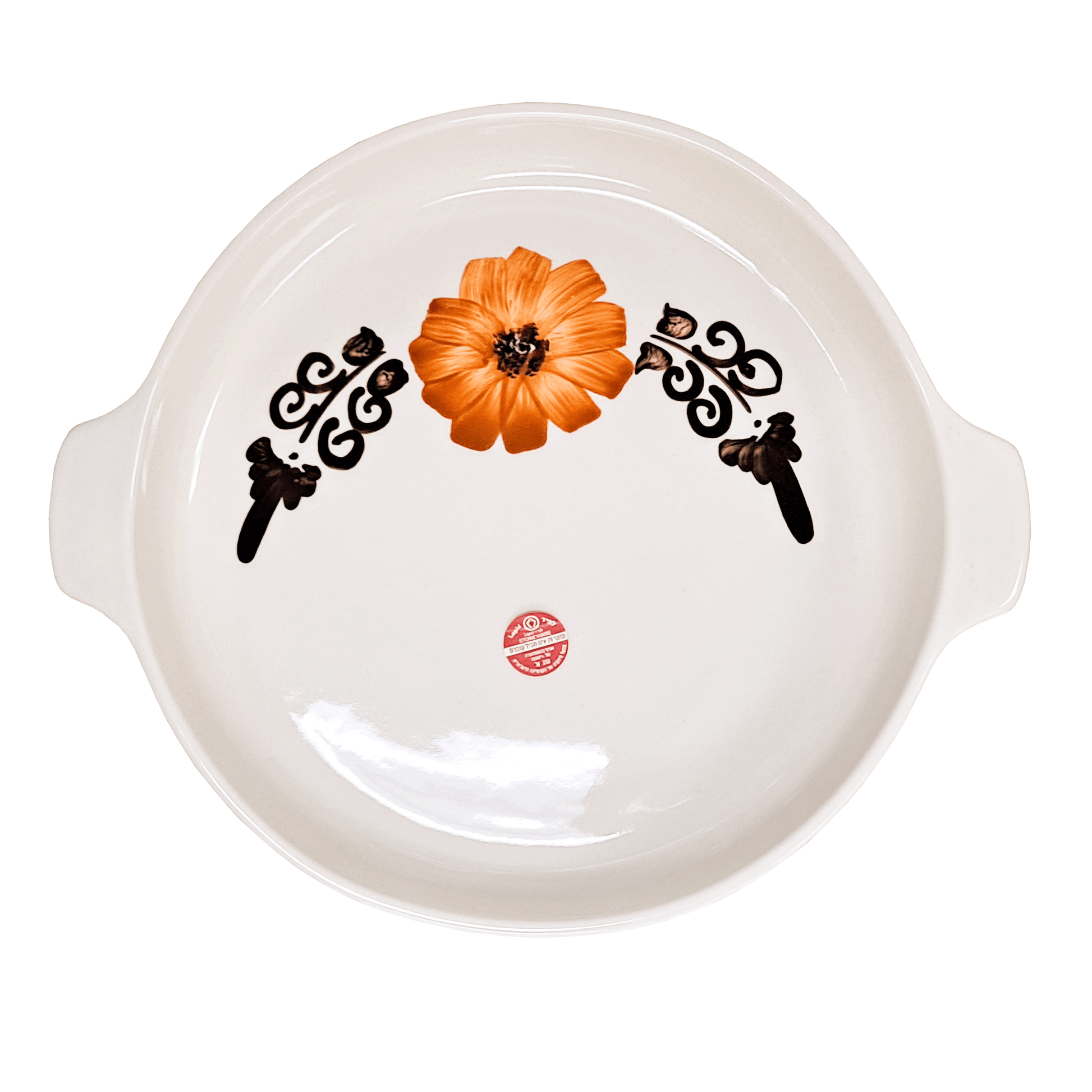 Soft-white circular dish made of Lapid stoneware with an orange and brown floral design in the bottom of the dish