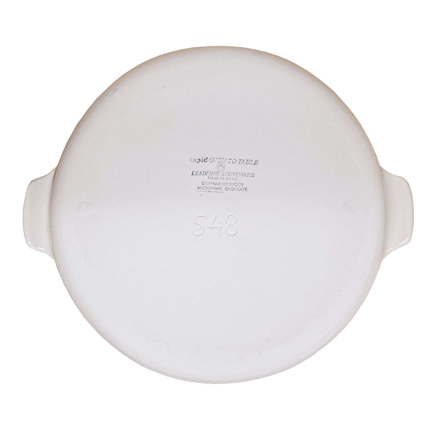 Soft-white circular dish made of Lapid stoneware with an orange and brown floral design in the bottom of the dish