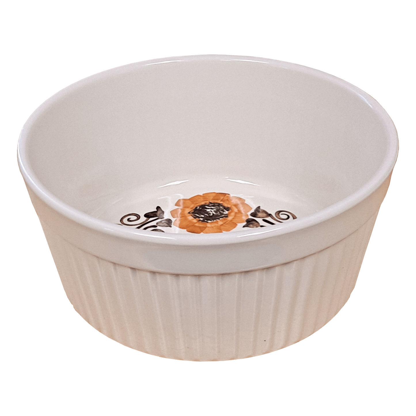 Soft white serving bowl made of Lapid stoneware with an orange and brown floral design in the bottom of the dish