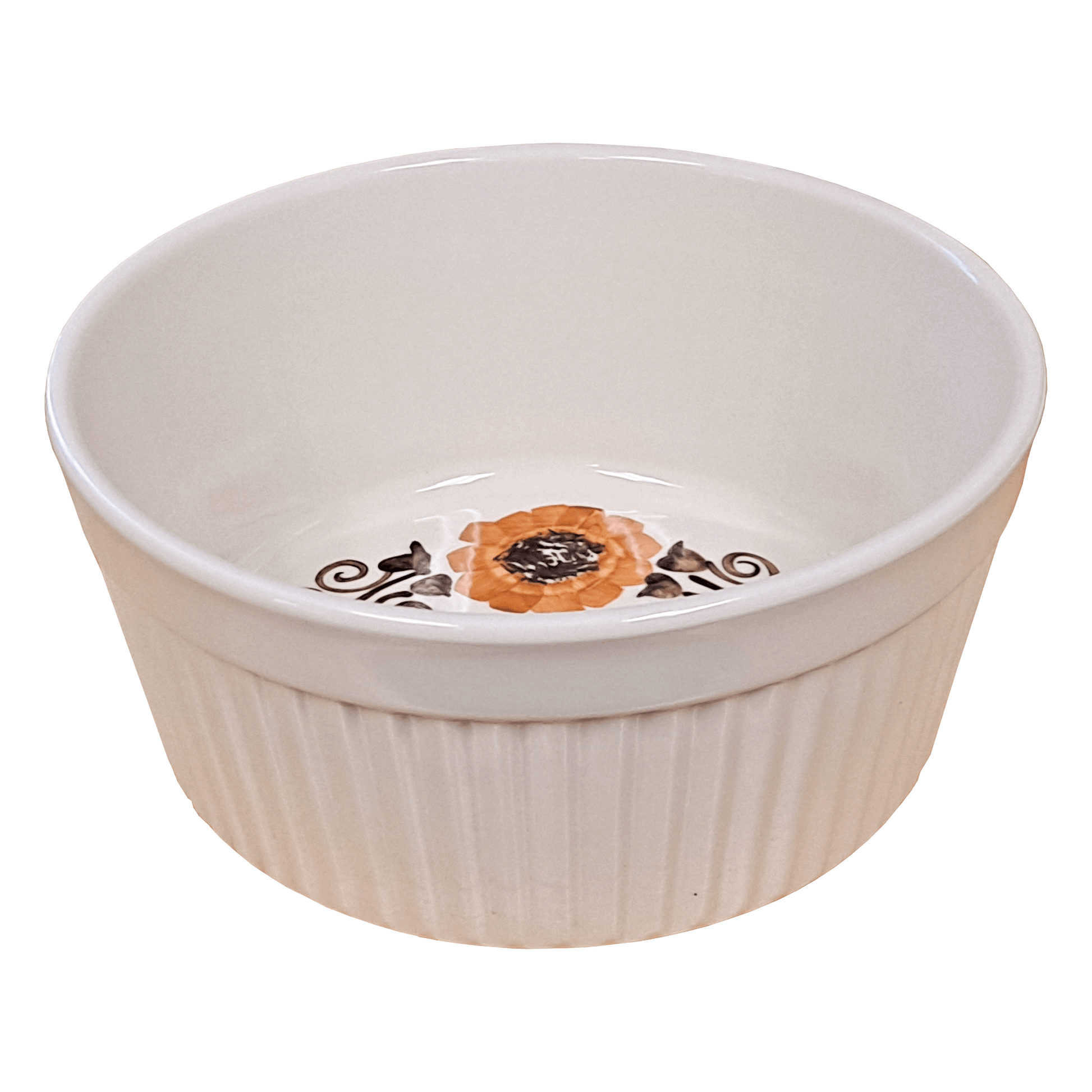 Soft white serving bowl made of Lapid stoneware with an orange and brown floral design in the bottom of the dish