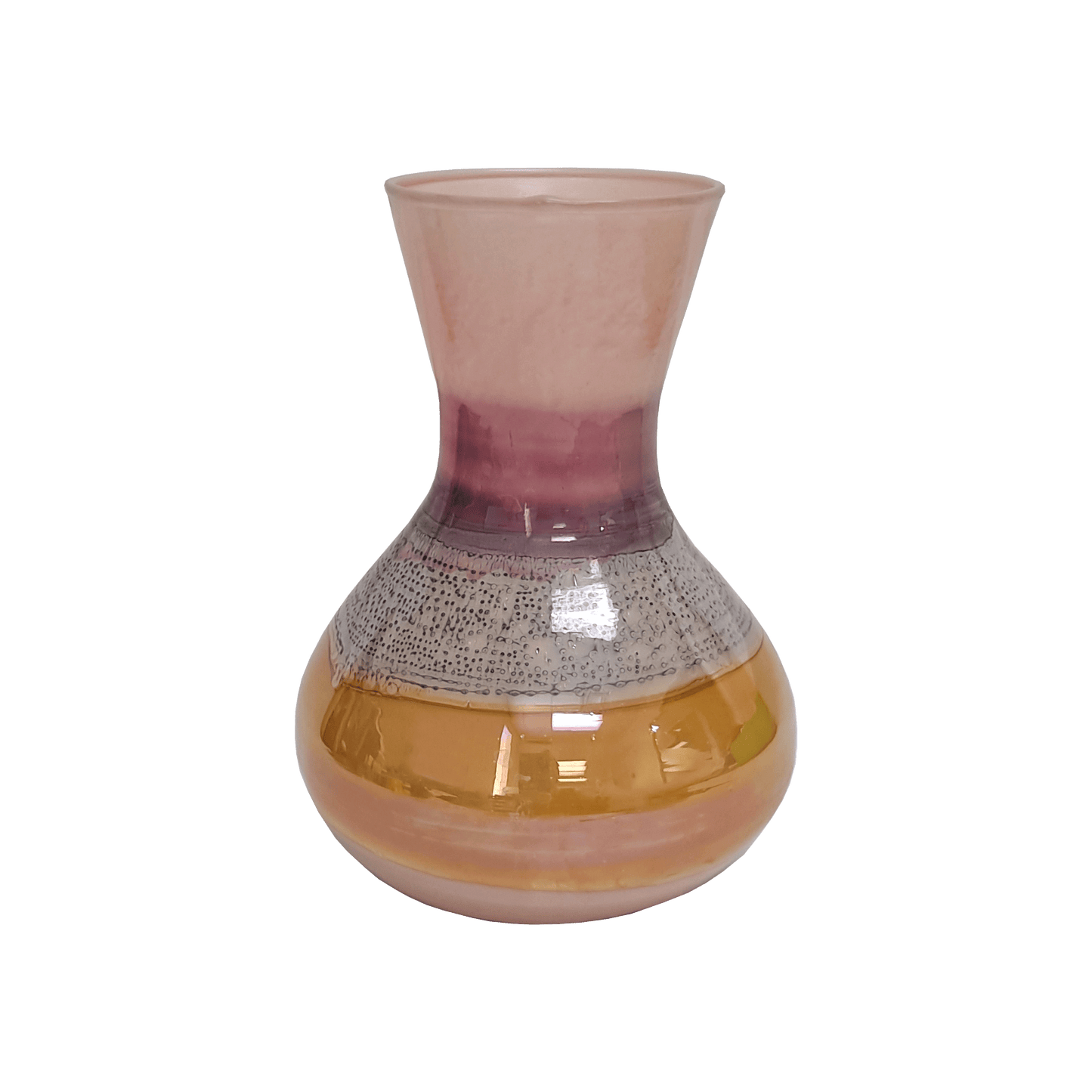 Handmade acid washed glass vase with shades of pink, purple, and orange