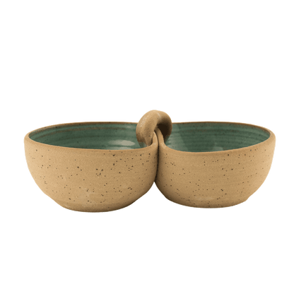 Sage-colored handcrafted ceramic duo bowl 