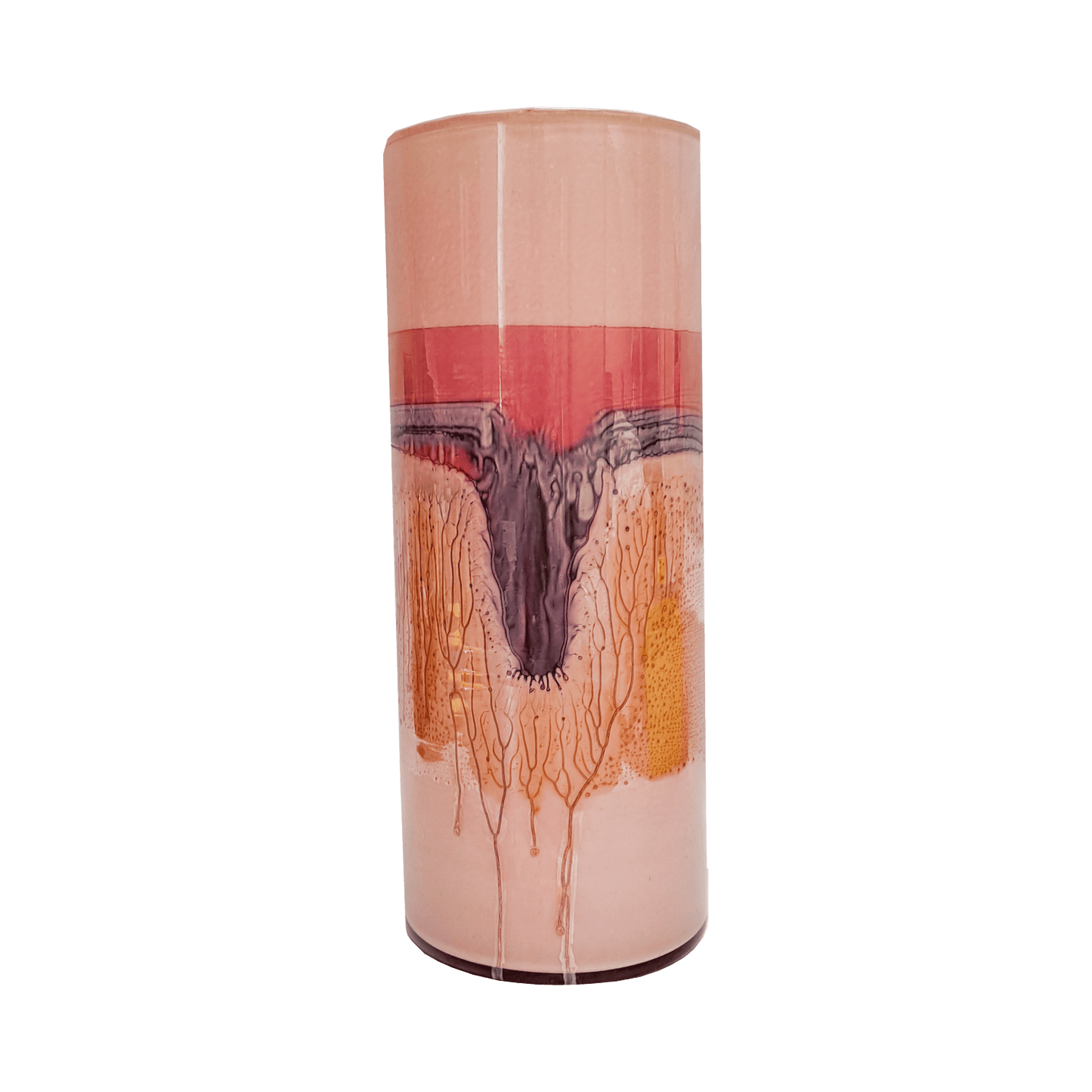 Handmade acid washed glass vase with shades of coral, orange and purple  