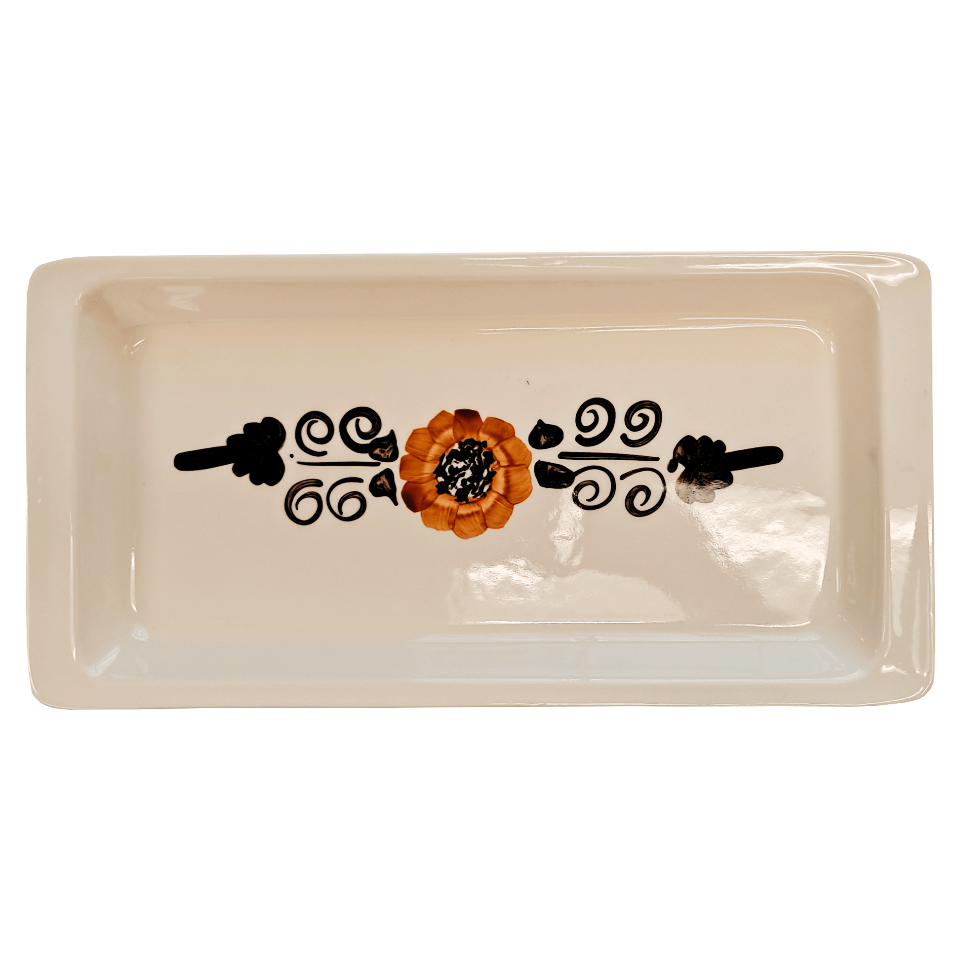 Soft-white rectangular serving tray made of Lapid stoneware with an orange and brown short petaled floral design in the bottom of the dish