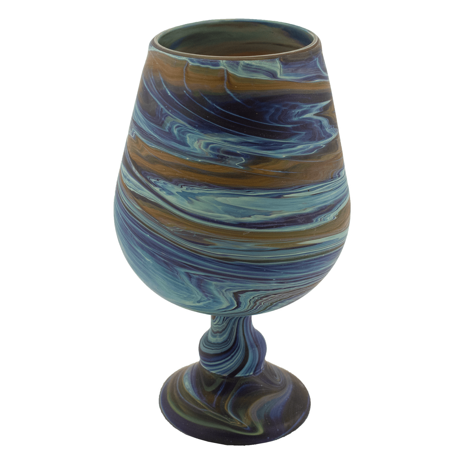 Phoenician glass cup with swirls of blue and brown