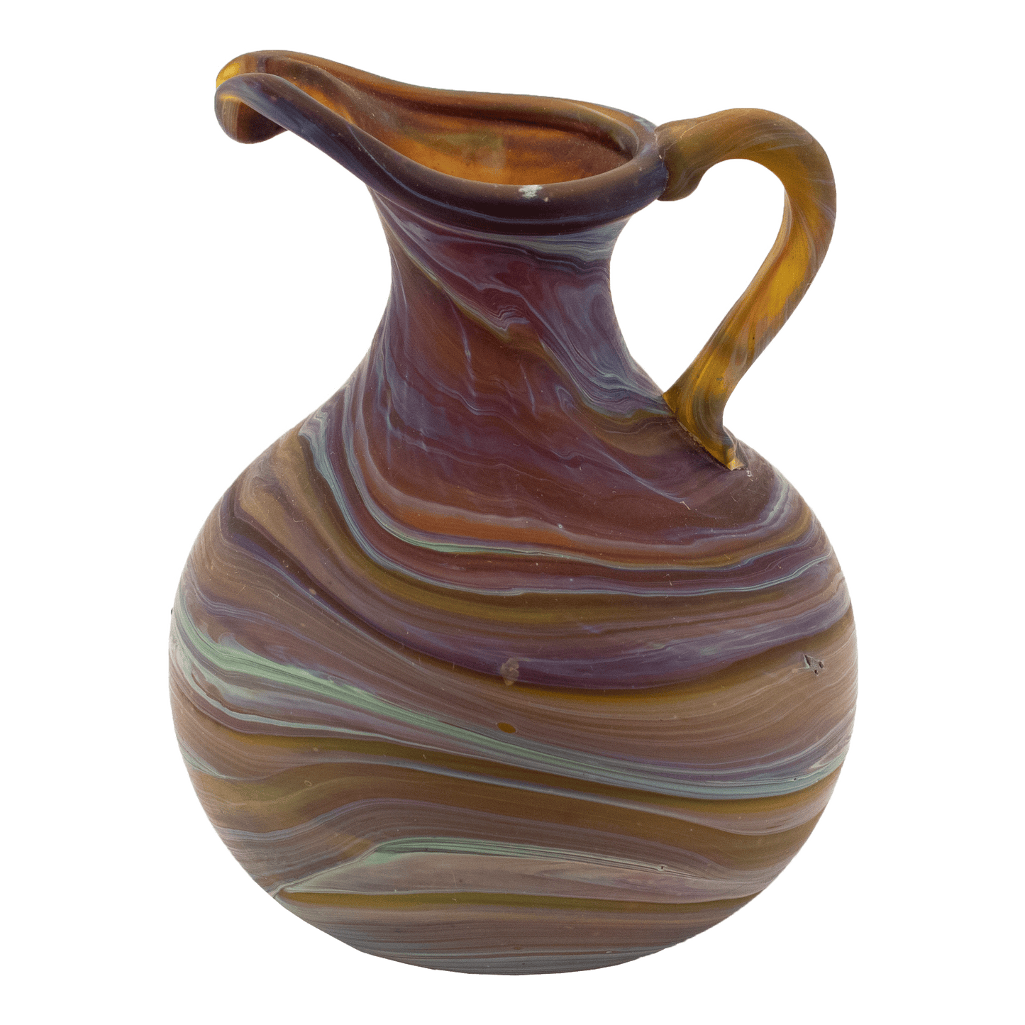 Oinochoe Phoenician glass case amber with blue swirls a handle a spout