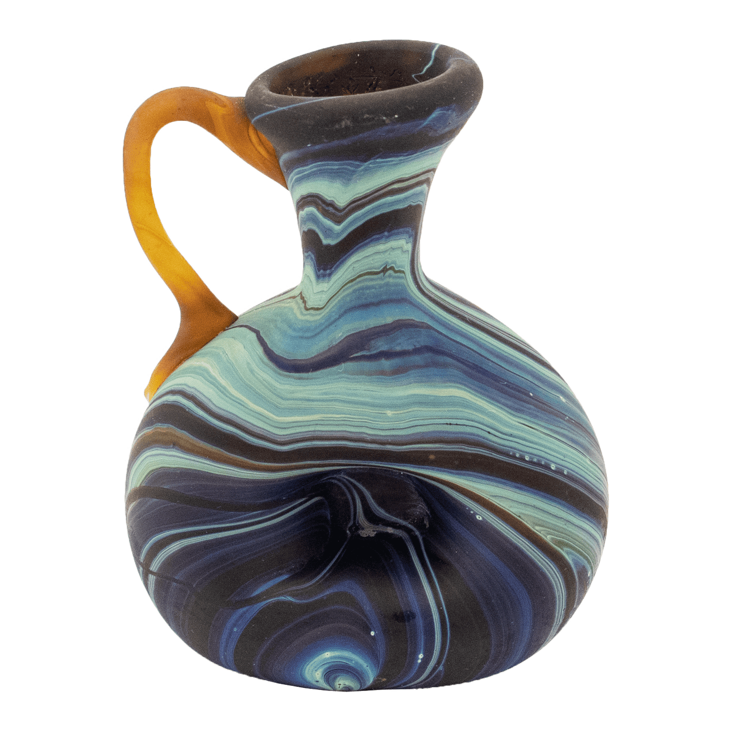 Phoenician glass bud vase with swirls of brown and blue and an amber handle