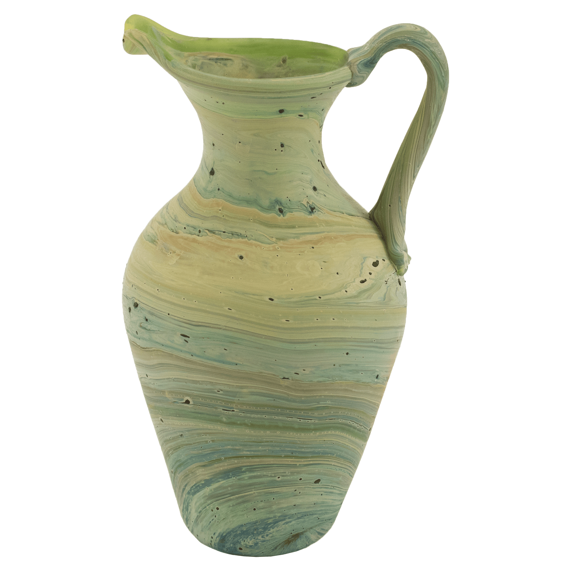Phoenician Glass Pitcher with spout and handle green, blue, and yellow swirls