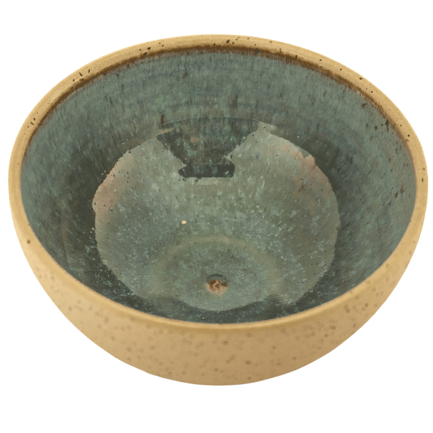 Handcrafted ceramic deep teal and sand-colored bowl