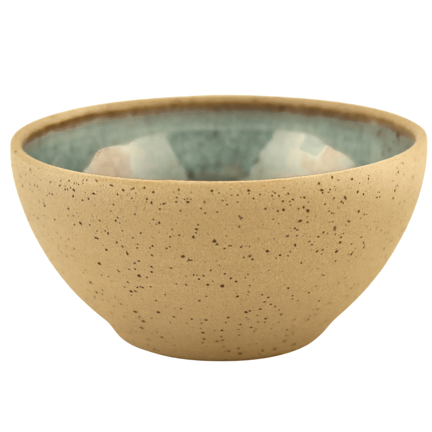 Handcrafted ceramic deep teal and sand-colored bowl