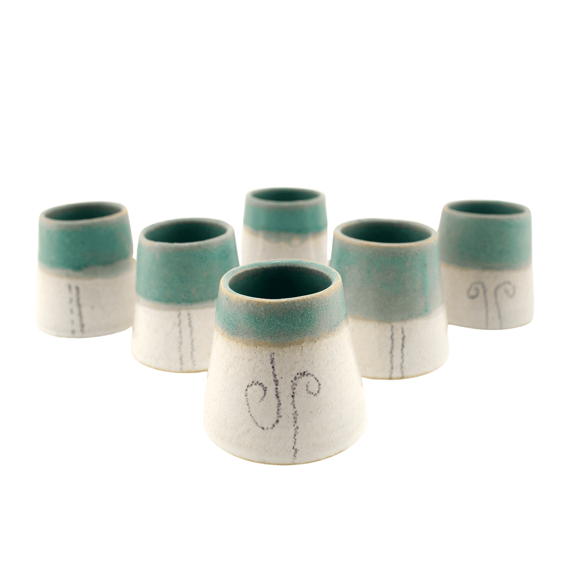 White and teal handcrafted ceramic communion cups