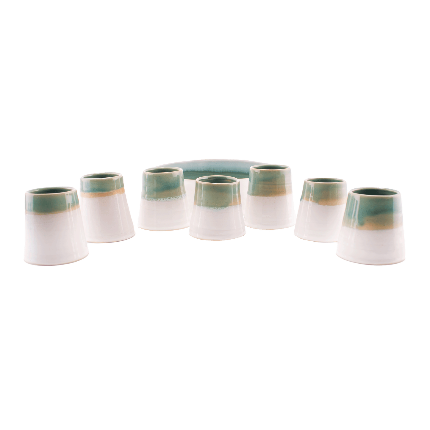 Glazed ceramic Communion/Kiddush set; includes seven small cups and a serving dish