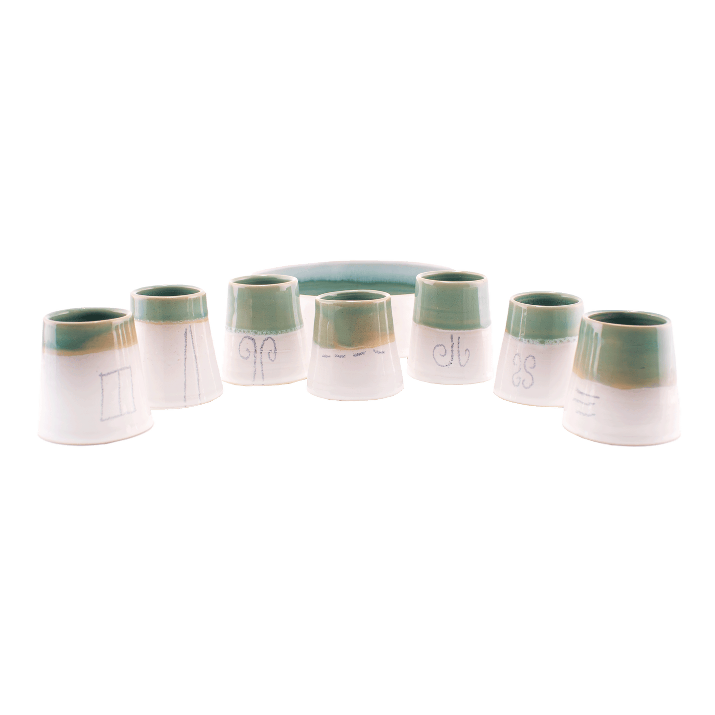 Glazed ceramic Communion/Kiddush set; includes seven small cups and a serving dish