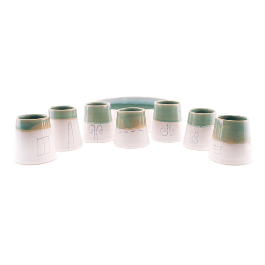 Glazed ceramic Communion/Kiddush set; includes seven small cups and a serving dish