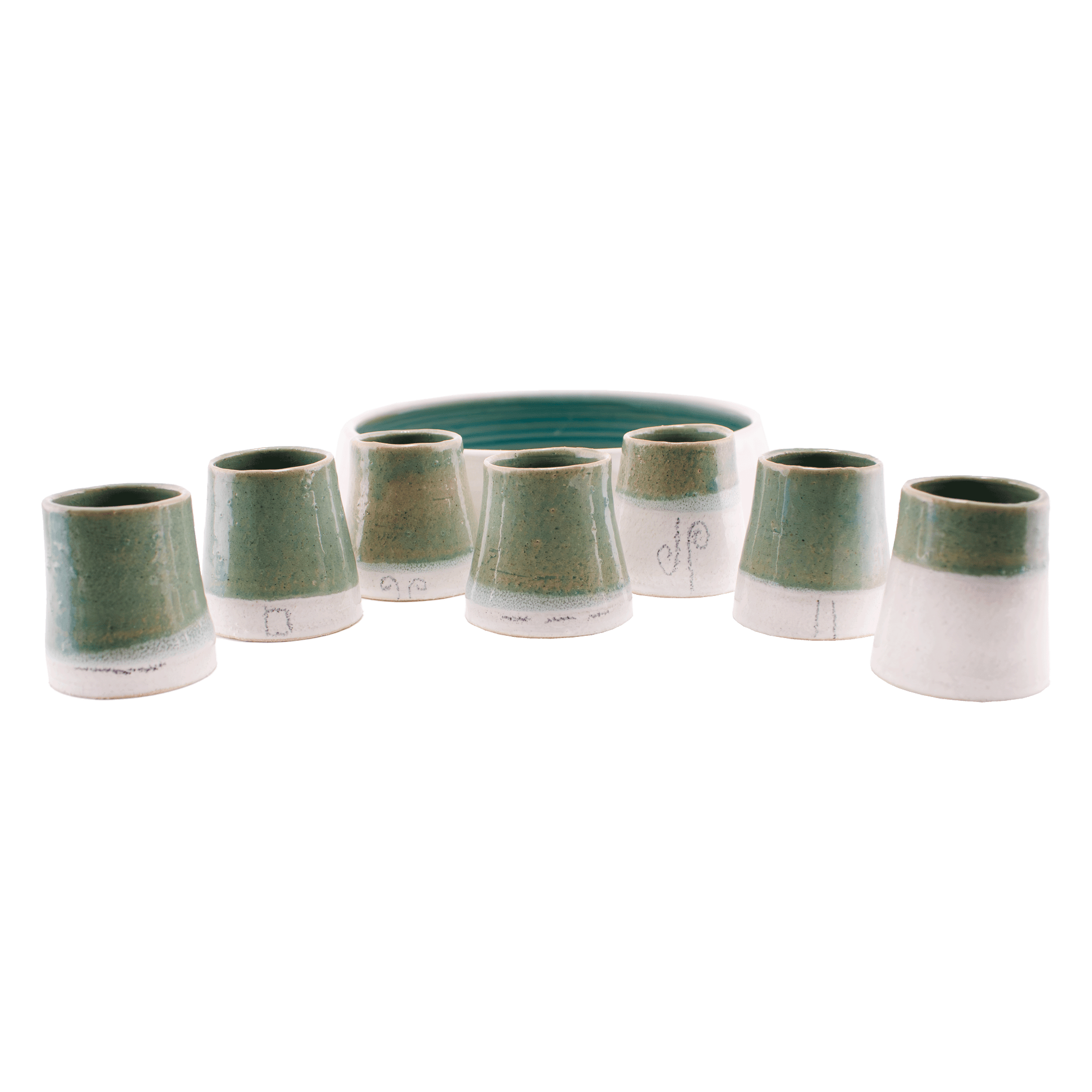 Glazed ceramic Communion/Kiddush set; includes seven small cups and a serving dish