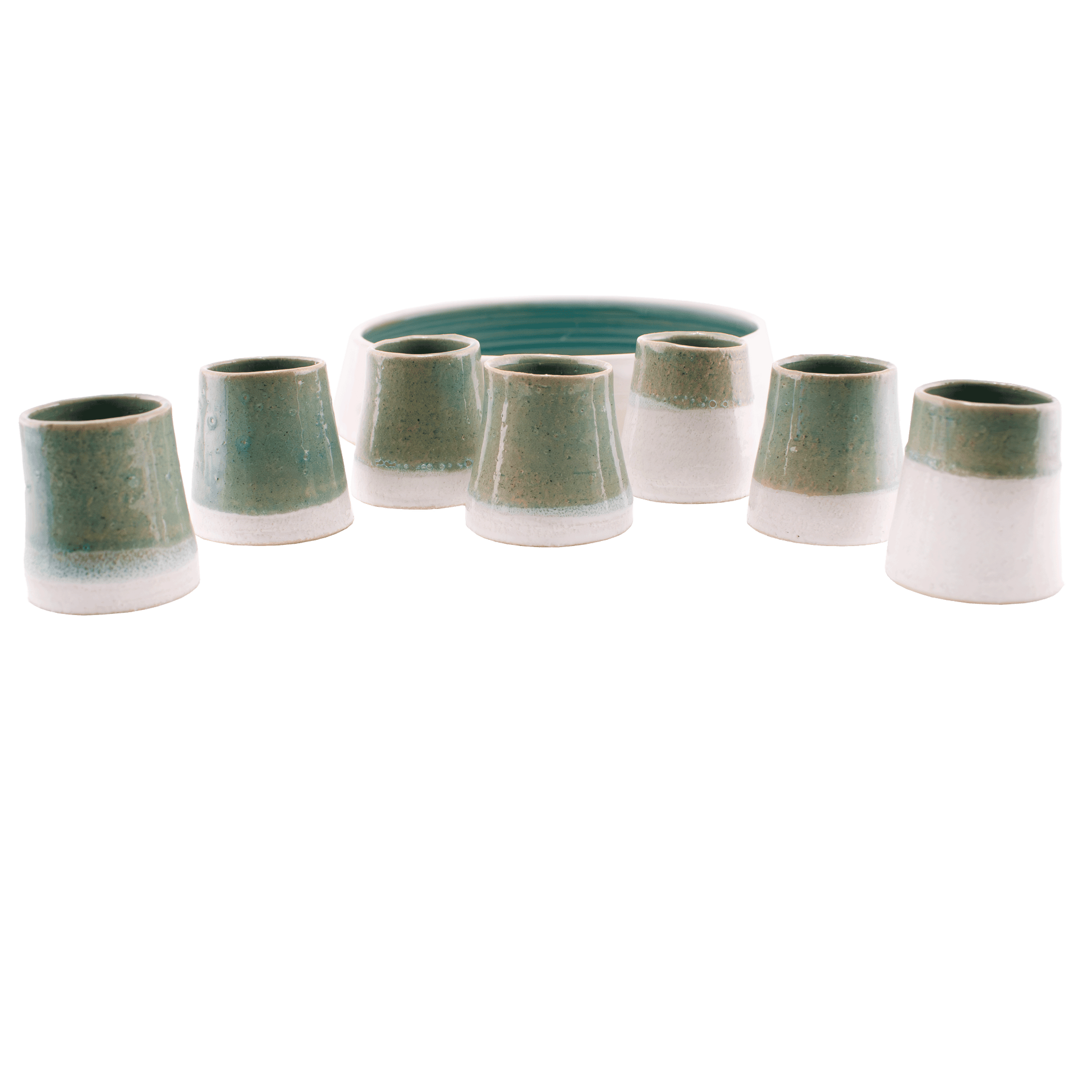 Glazed ceramic Communion/Kiddush set; includes seven small cups and a serving dish