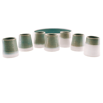 Glazed ceramic Communion/Kiddush set; includes seven small cups and a serving dish